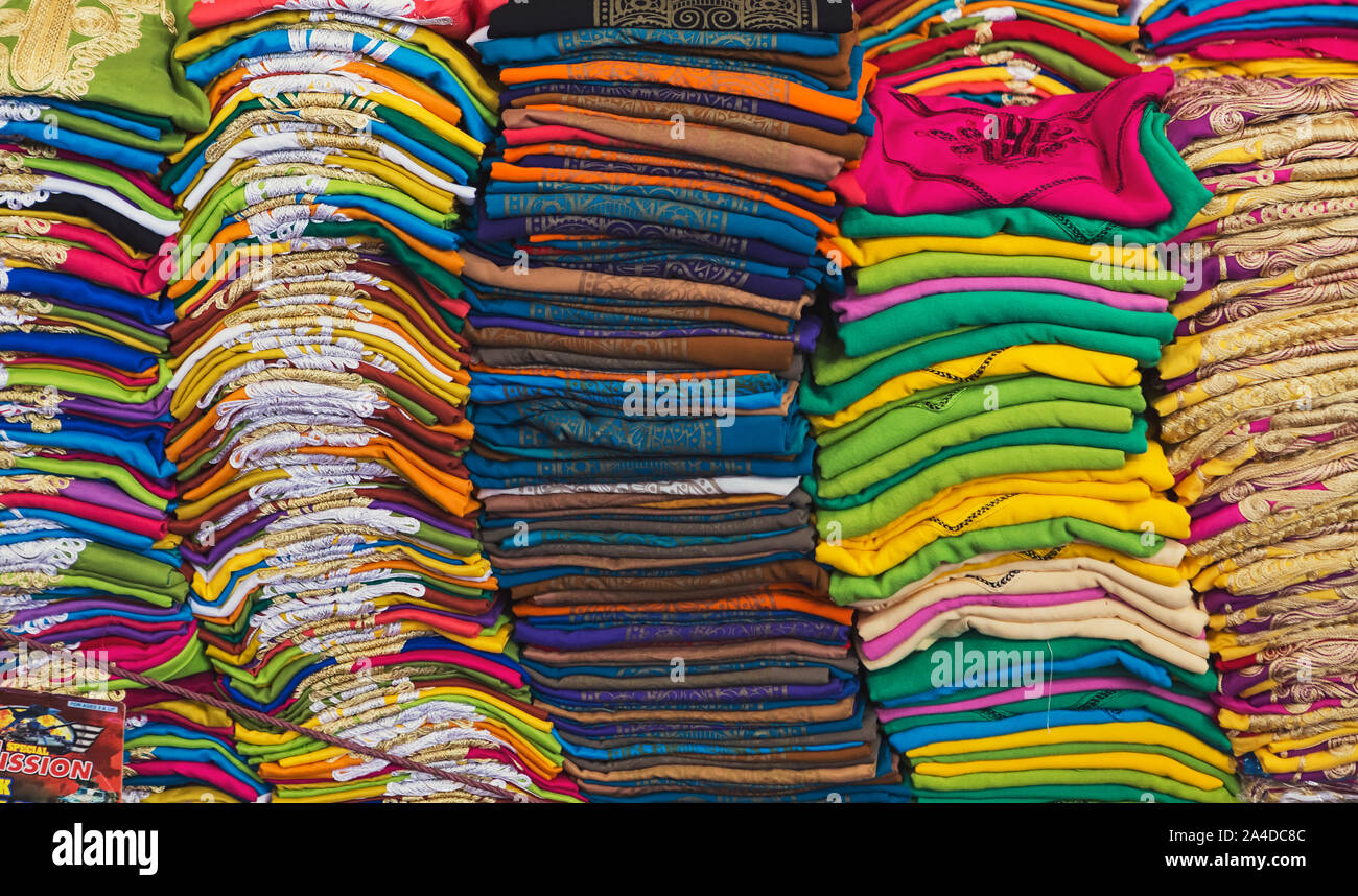 Close-up of t-shirts for sale in a market, Morocco Stock Photo