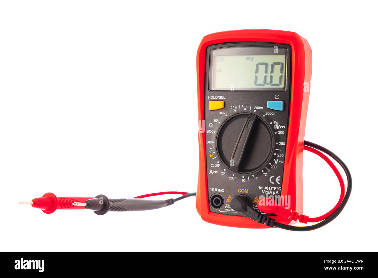 Multimeter to check electricity voltage isolated on white background. Stock Photo