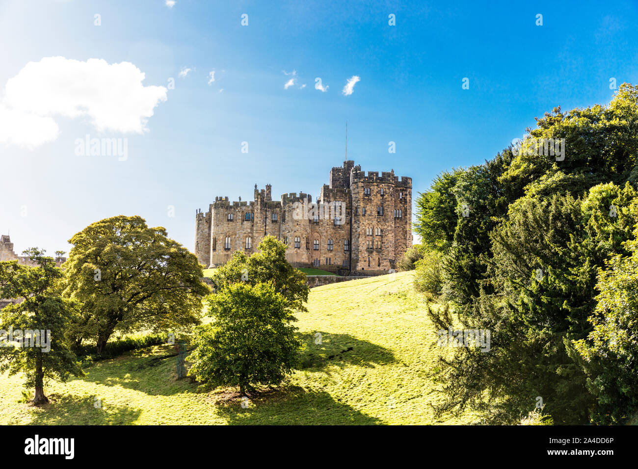 Alnwick Castle, Alnwick castle, Alnwick, Northumberland, England, UK, castle, castles, exterior, grounds, castle grounds, facade, building, Stock Photo
