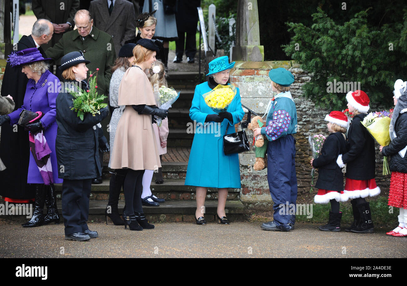 Photo Must Be Credited ©Kate Green/Alpha Press 076785 25/12/12 Camilla Duchess of Cornwall, Prince Philip Duke of Edinburgh, Sophie Countess of Wessex, Lady Louise Windsor, Princess Eugenie with Queen Elizabeth II at St Mary Magdalene Church in Sandringham, Norfolk for a Christmas Day Service with the Royal Family Stock Photo