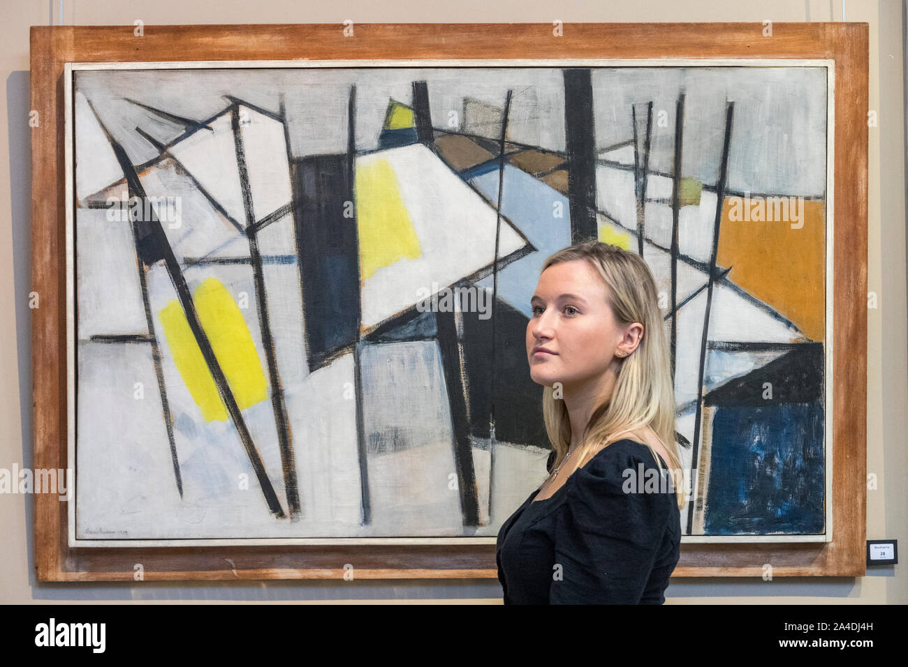 Edinburgh, United Kingdom. 14th Oct, 2019. Pictured: Black, White and Yellow by Wilhelmina Barbs-Graham which will be included in the Bonhams Scottish Art Sale. Royan Harbour, a newly discovered painting by the Scottish colourist painter Samuel Peploe, leads the items in Bonhams next Scottish Art Sale. Royan Harbour, which is estimated at £70,000-100,000, was first owned by Mme Marie Marguerite Soulie, who was married to the English novelist and playwright Arnold Bennett from 1917-1921. Its whereabouts have been unknown to scholars until now. Credit: Rich Dyson/Alamy Live News Stock Photo