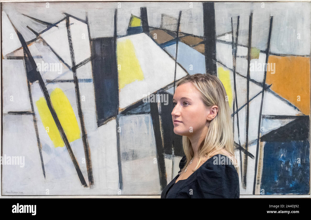 Edinburgh, United Kingdom. 14th Oct, 2019. Pictured: Black, White and Yellow by Wilhelmina Barbs-Graham which will be included in the Bonhams Scottish Art Sale. Royan Harbour, a newly discovered painting by the Scottish colourist painter Samuel Peploe, leads the items in Bonhams next Scottish Art Sale. Royan Harbour, which is estimated at £70,000-100,000, was first owned by Mme Marie Marguerite Soulie, who was married to the English novelist and playwright Arnold Bennett from 1917-1921. Its whereabouts have been unknown to scholars until now. Credit: Rich Dyson/Alamy Live News Stock Photo