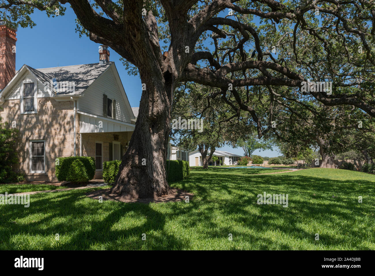 The ranch house on the LBJ Ranch near Stonewall, Texas, where President Lyndon B. Johnson and his wife, Lady Bird Johnson, spent so much time that it was often called the Texas White House. Parts of the ranch grounds are now national and Texas state parks Stock Photo