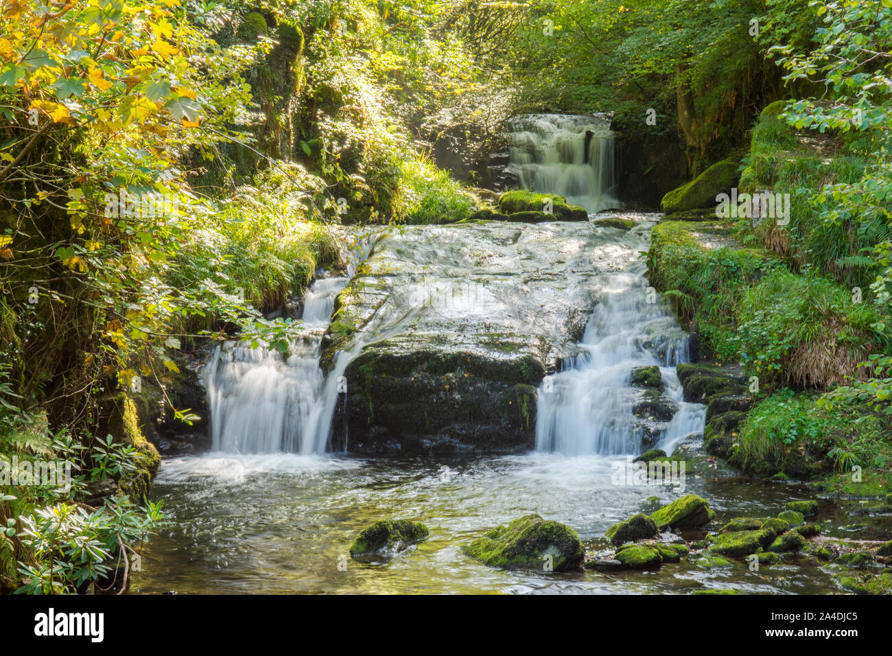 Waterfalls on Hoar Oak Water at Watersmeet, Lynmouth, Devon, September Stock Photo