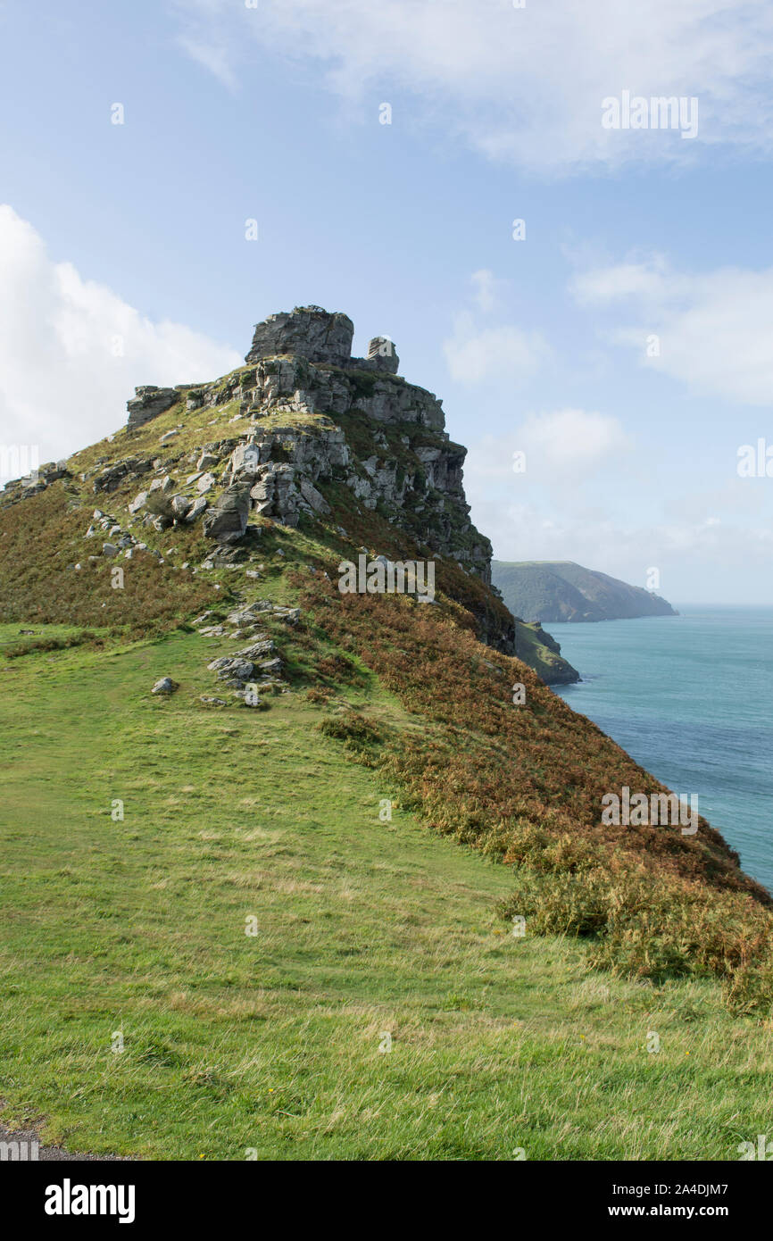 Castle Rock in The Valley of Rocks with the sea beyond, landscape, sunny, Lynton, Devon Stock Photo