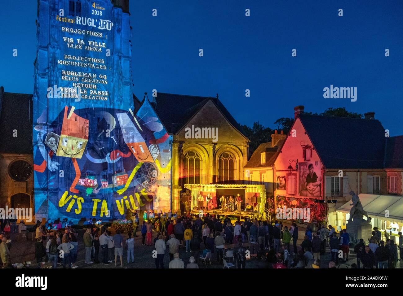RUGL'ART CULTURAL FESTIVAL, CONCERTS, GIANT PHOTOS AND MAPPING, TOWN OF RUGLES, EURE, NORMANDY, FRANCE Stock Photo