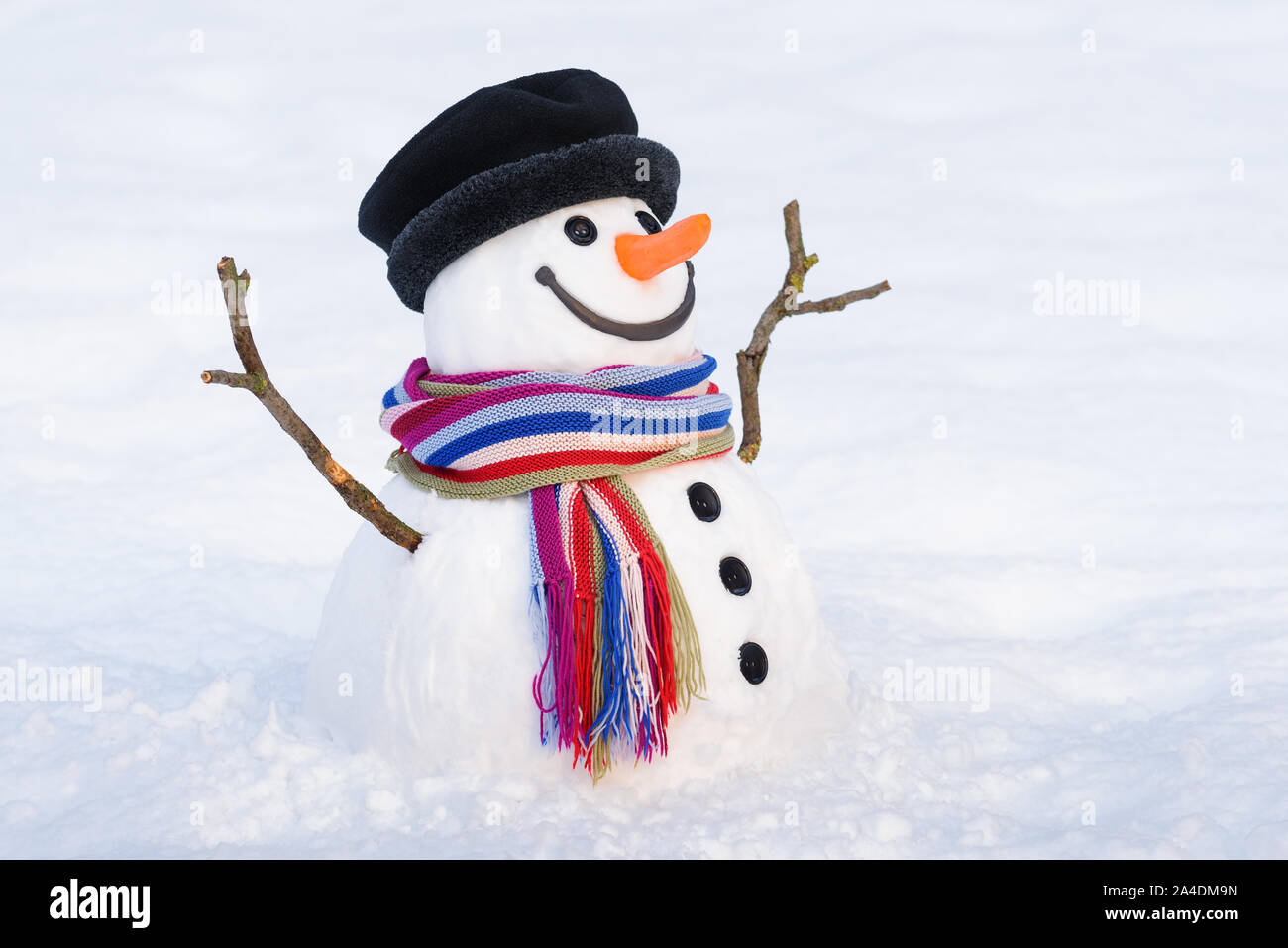 Magical Snowman with a sweet smile. Christmas card with traditional winter character Stock Photo