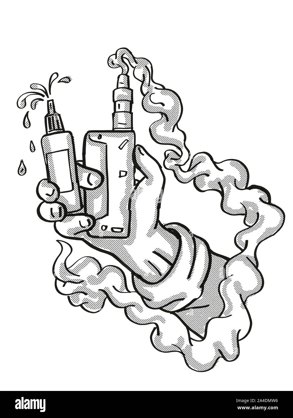 Tattoo cartoon style drawing illustration of a hand holding vape electronic  cigarette kit on isolated background done in black and white Stock Photo -  Alamy