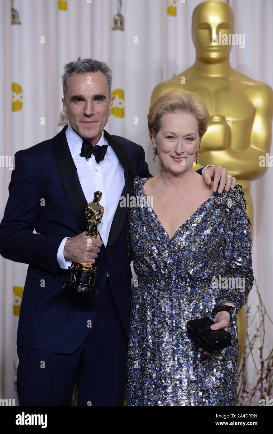 Photo Must Be Credited ©Karwai Tang/Alpha Press 076909 24/02/2013 Daniel Day Lewis wins Best Actor for Lincoln with Meryl Streep at The 85th Academy Awards Oscars 2013 Pressroom held at The Dolby Theatre Hollywood Blvd Los Angeles California Stock Photo