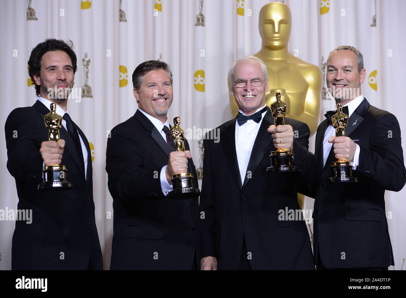 Photo Must Be Credited ©Karwai Tang/Alpha Press 076909 24/02/2013 Guillaume Rocheron, Bill Westenhofer, Donald R Elliott and Erik Jan de Boer win Best Visual Effects for Life of Pi at The 85th Academy Awards Oscars 2013 Pressroom held at The Dolby Theatre Hollywood Blvd Los Angeles California Stock Photo