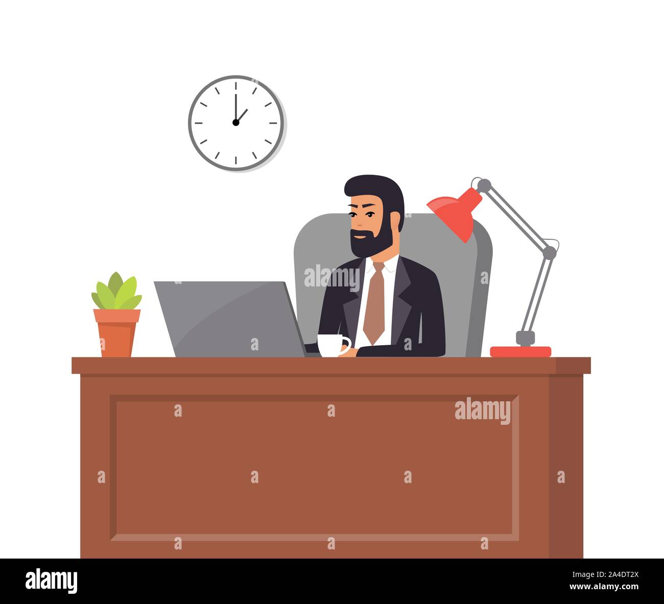 Boss in suit working on laptop. Man in office. Table, chair, potted