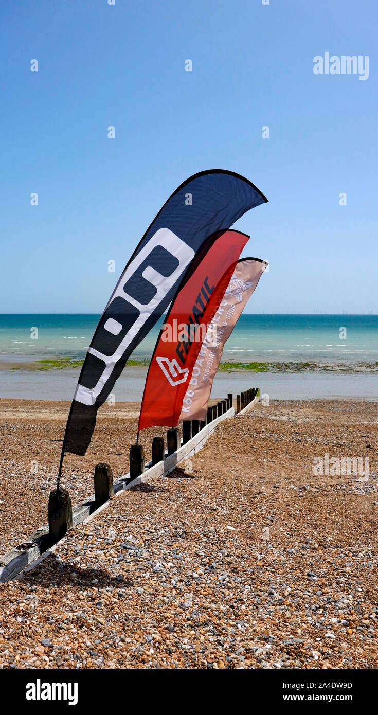 Sports Banner on the Beach at Worthing, West Sussex. Stock Photo