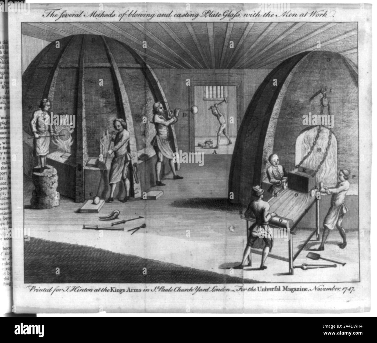 The several methods of blowing and casting plate glass with the men at