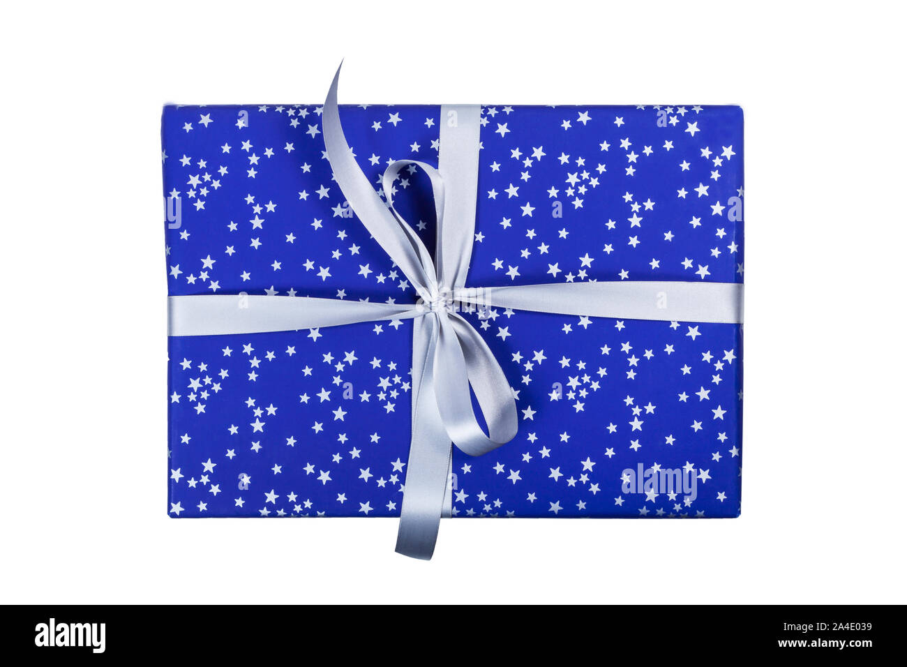 Blue christmas present with silver stars on white background Stock Photo