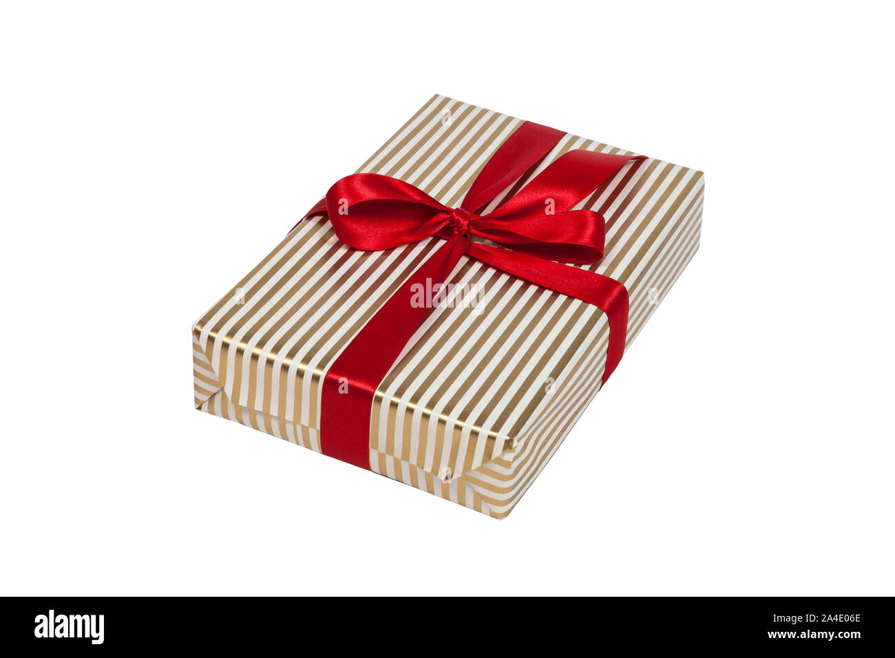 Christmas present with golden stripes and red ribbon on white Stock Photo