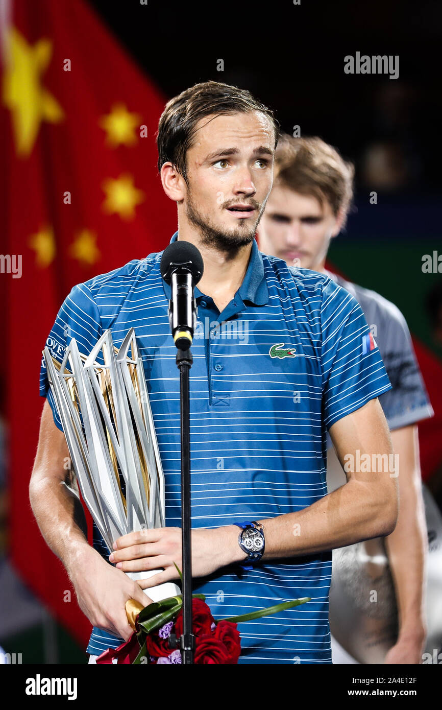 Daniil Medvedev of Russia speaks at the awarding ceremony of 2019 Rolex Shanghai Masters in Shanghai, China, 13 October 2019. Stock Photo