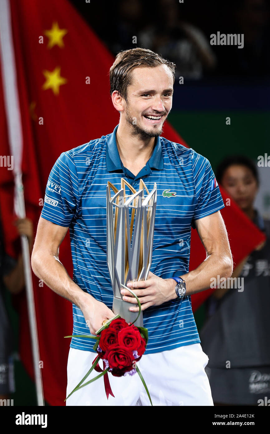 Daniil Medvedev of Russia is awarded the chaimpionship cup at the awarding ceremony of 2019 Rolex Shanghai Masters in Shanghai, China, 13 October 2019. Stock Photo