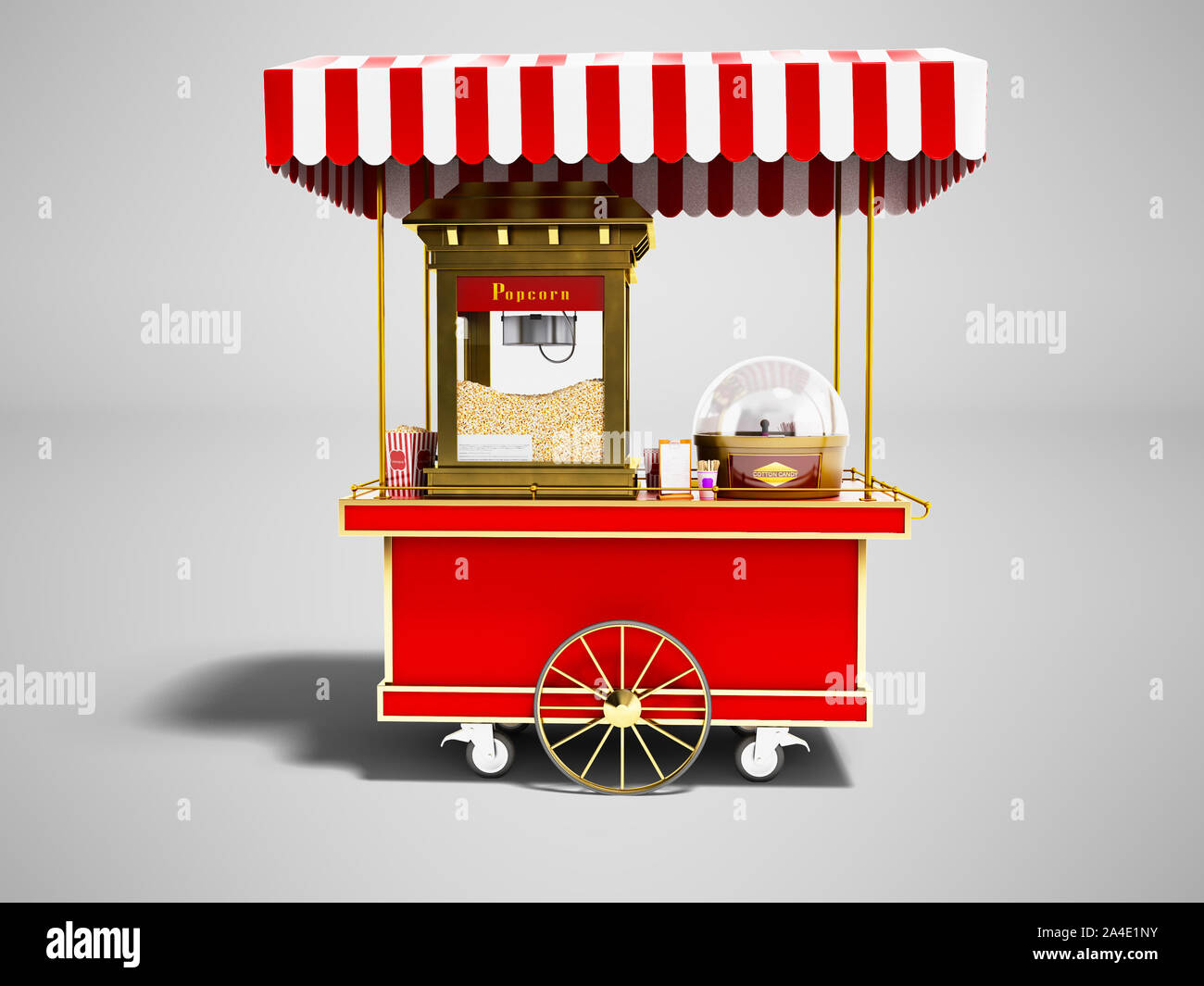 Modern sale of popcorn from a red cart 3d render on gray background with  shadow Stock Photo - Alamy, image size:1300x1065