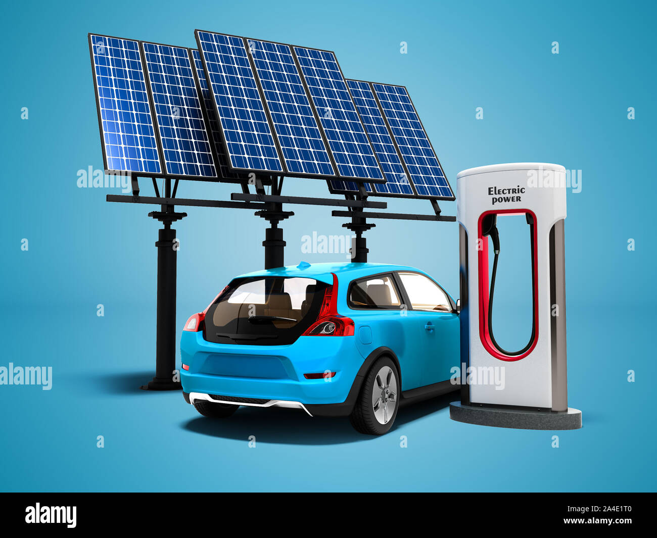 Concept modern refueling with solar panels for electric cars back view 3d  render on blue background with shadow Stock Photo - Alamy