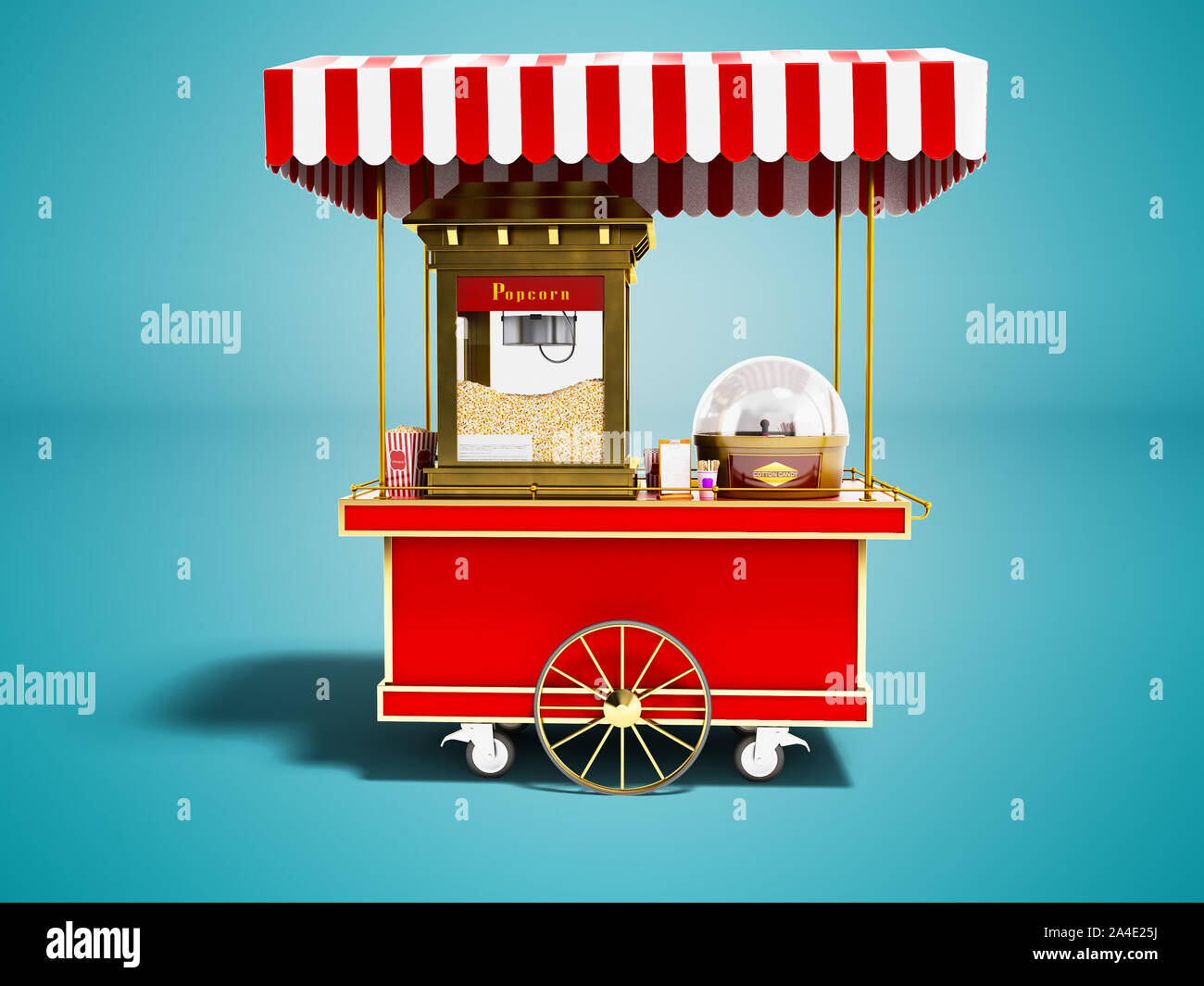 Modern Sale Of Popcorn From A Red Cart 3d Render On Blue Background With Shadow Stock Photo Alamy