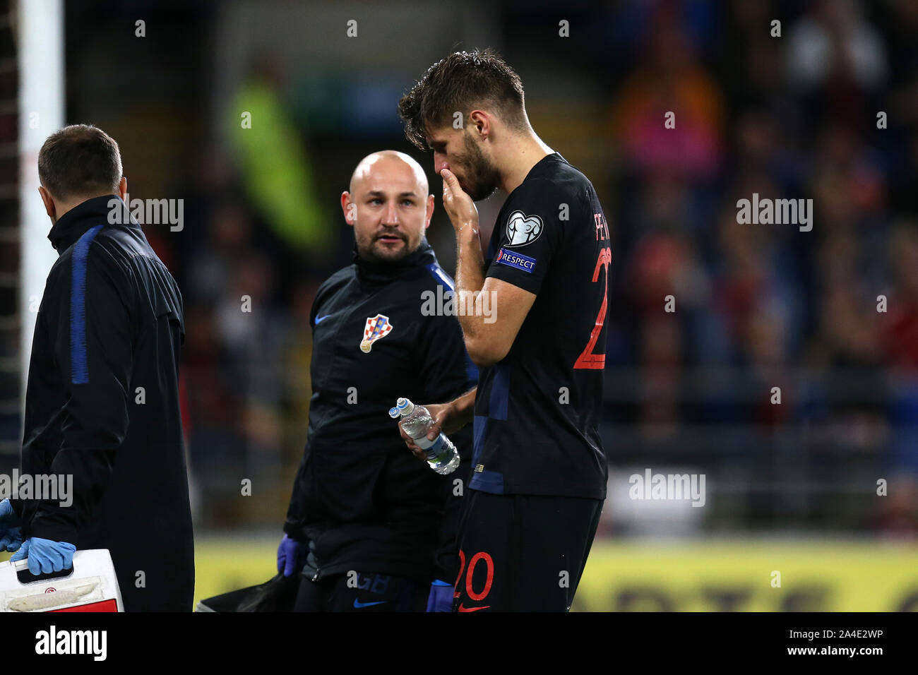 Cardiff, UK. 13th Oct, 2019. Bruno Petkovic of Croatia is treated for an injury.UEFA Euro 2020 qualifier match, Wales v Croatia at the Cardiff city Stadium in Cardiff, South Wales on Sunday 13th October 2019. pic by Andrew Orchard /Andrew Orchard sports photography/Alamy live News EDITORIAL USE ONLY Credit: Andrew Orchard sports photography/Alamy Live News Stock Photo