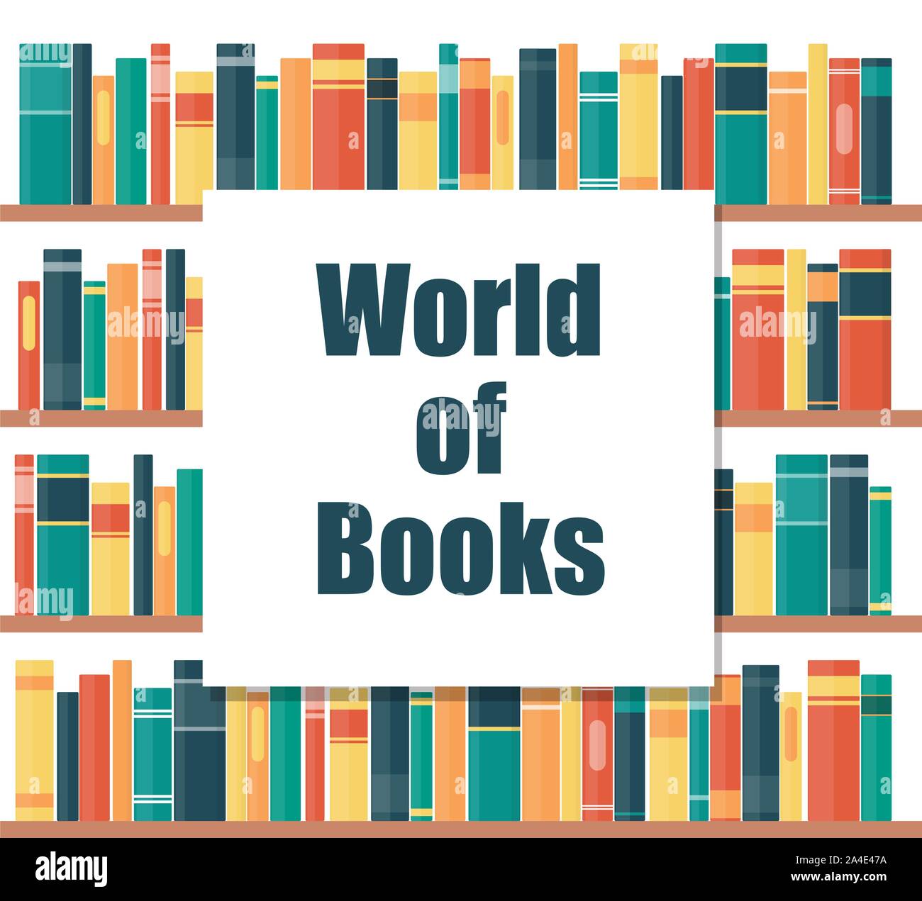 World of books concept. Book shelves with multicolored book spines. Books on a shelf. Vector illustration in flat style Stock Vector