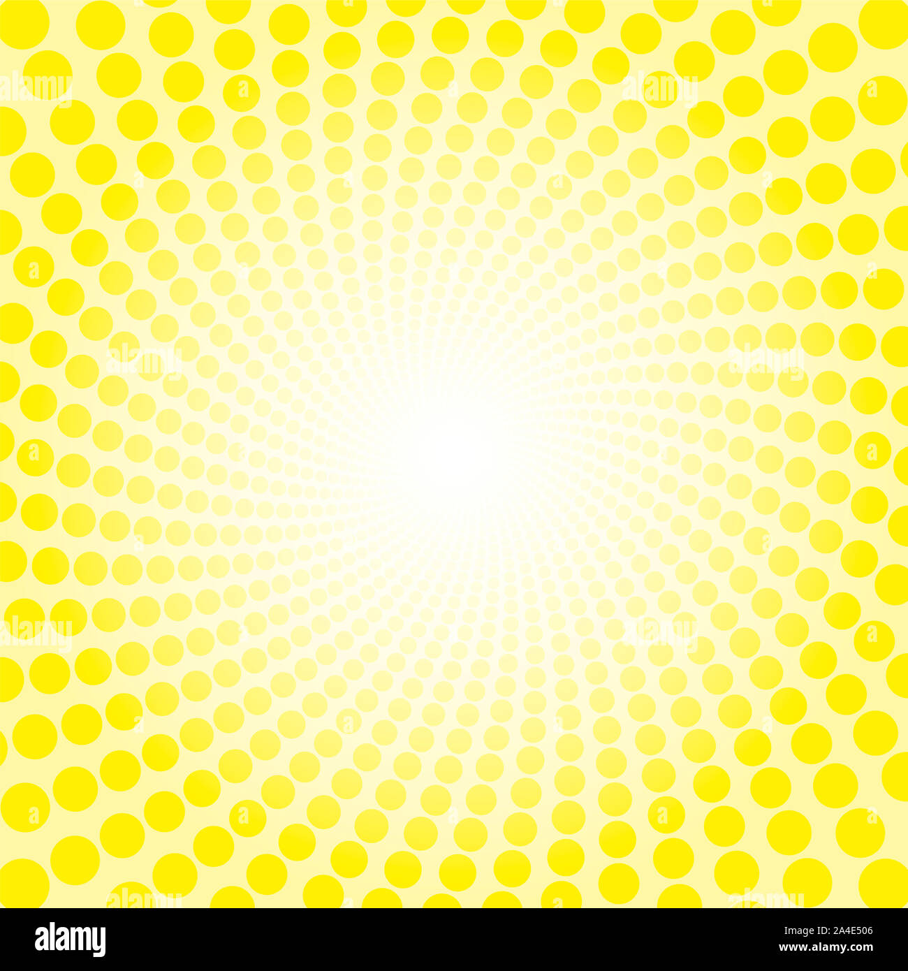 Yellow freshness spirale sun light pattern. Dotted tunnel with bright center - twisted circular background illustration, hypnotic and psychedelic. Stock Photo