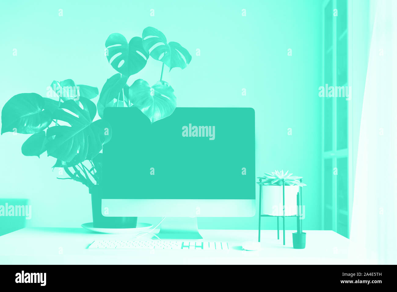 Designer workspace on mint color background. Minimalistic home office ...