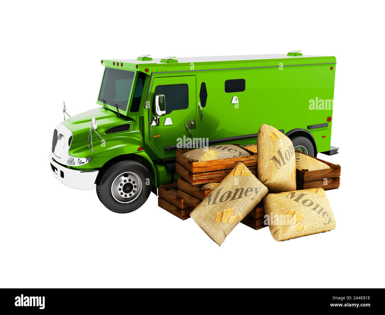 Modern green armored truck for carrying money in bags 3d render on white background no shadow Stock Photo
