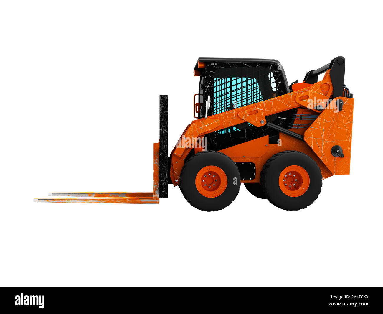 Modern orange forklift loader with scuffs on the case 3d render side