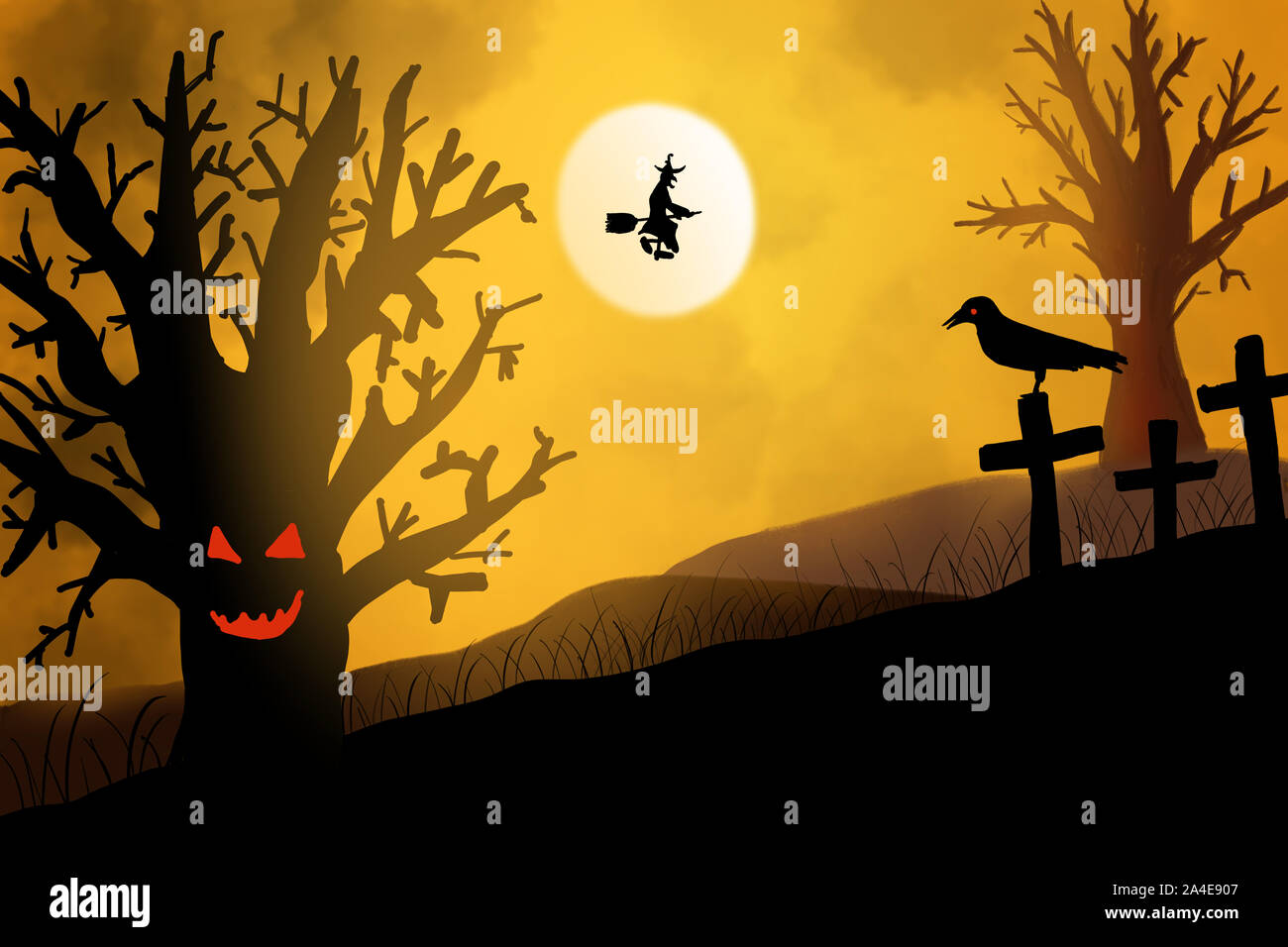 Spooky landscape in the scary graveyard for Halloween. Stock Photo
