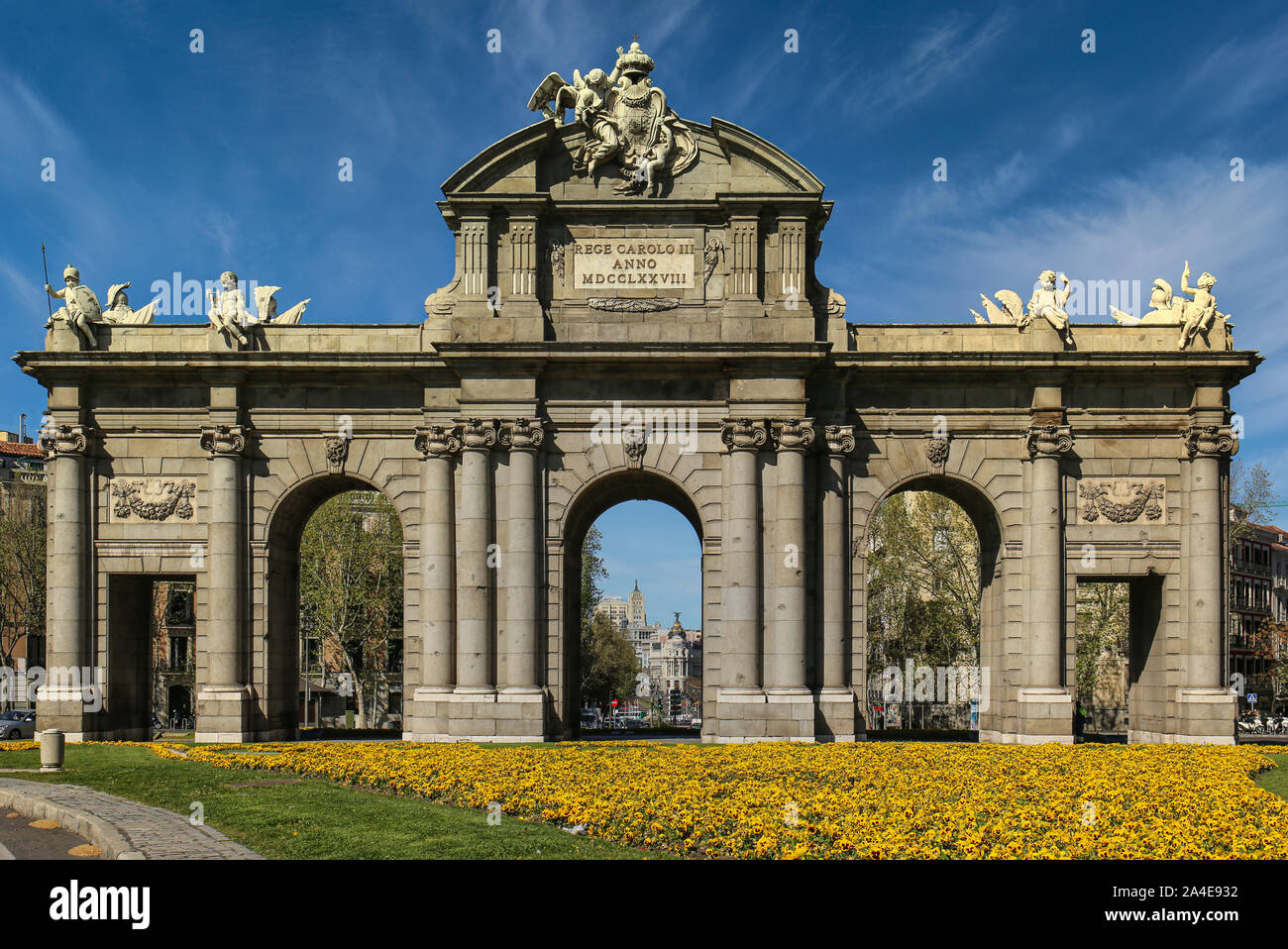 Alcala Door (Puerta de Alcala) in Independence Square. Madrid, Spain Stock Photo