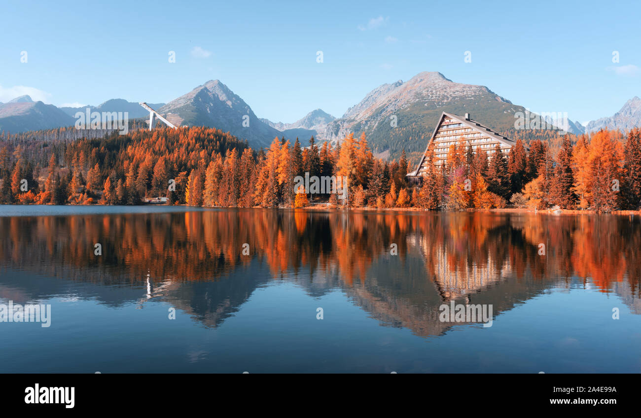 Panorama of mountain lake Strbske pleso (Strbske lake) in autumn time. High Tatras national park, Slovakia. Landscape photography Stock Photo