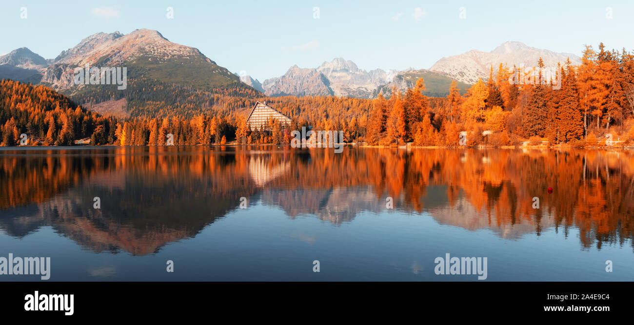 Panorama of mountain lake Strbske pleso (Strbske lake) in autumn time, Slovakia Stock Photo