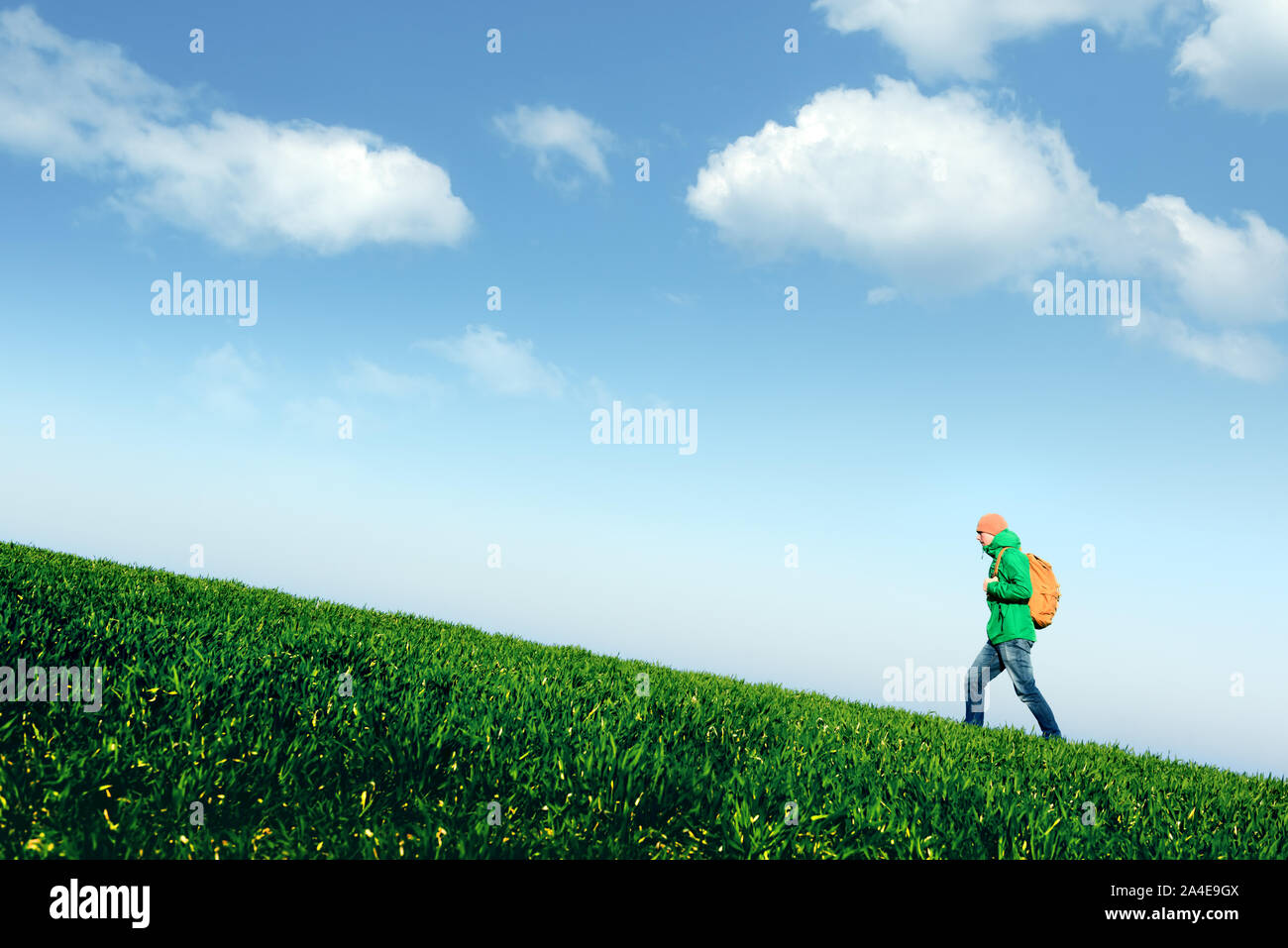 Tourist pitch a tent in summer mountains. Amazing green highland. Landscape photography Stock Photo