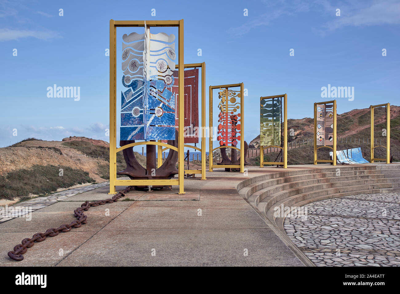 Philippe Cousteau open-air anchors museum, outdoor exhibition of the universal symbol of the sea in Salinas beach, Principality of Asturias, Spain Stock Photo