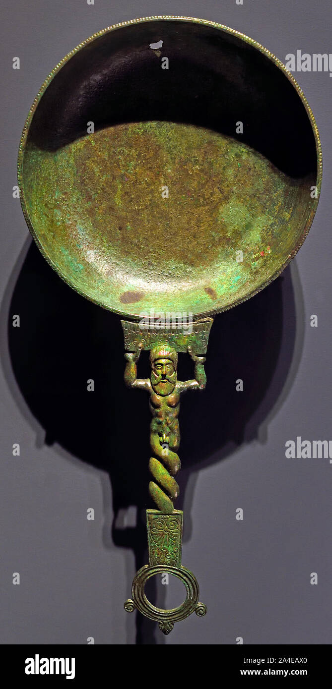 Patere with handle figure demon Marin 450-400 BC from Vulci  - Volci  Esturia Etruscan city Italy. Stock Photo
