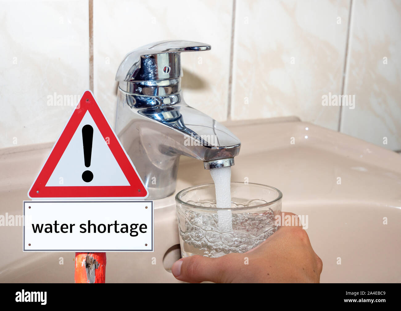 water shortage warning sign shield Stock Photo