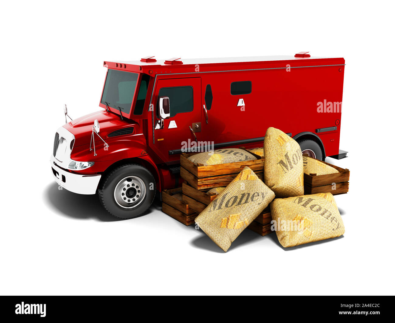 Modern red armored truck for carrying money in bags 3d render on white background with shadow Stock Photo
