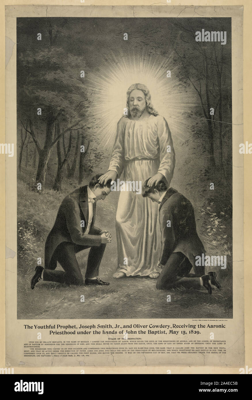 The youthful prophet, Joseph Smith, Jr., and Oliver Cowdery, receiving the Aaronic priesthood under the hands of John the Baptist, May 15,1829 Stock Photo