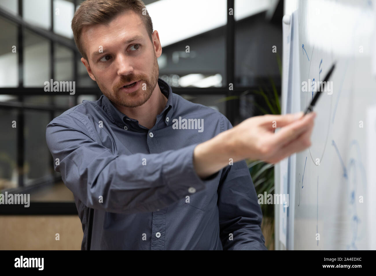 Trainer makes presentation for staff using flipchart during business training Stock Photo