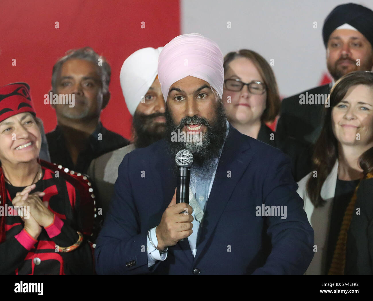 Canadian NDP Party leader Jagmeet Singh speaks at a rally in Surrey, British Columbia on Sunday, October 13, 2019 during a day of federal election campaigning in the BC lower mainland. Election day is October 21, 2019.  Photo by Heinz Ruckemann/UPI Stock Photo