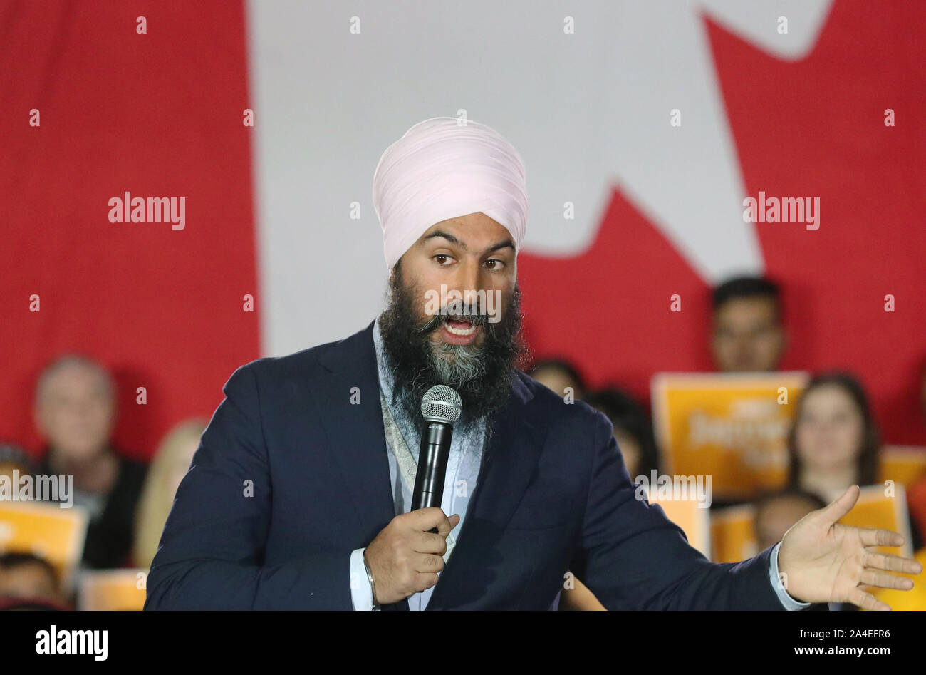 Canadian NDP Party leader Jagmeet Singh speaks at a rally in Surrey, British Columbia on Sunday, October 13, 2019 during a day of federal election campaigning in the BC lower mainland. Election day is October 21, 2019.  Photo by Heinz Ruckemann/UPI Stock Photo