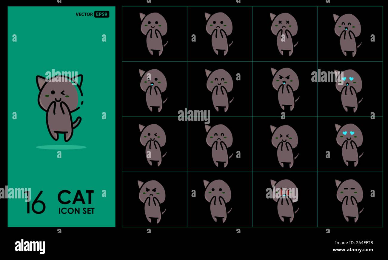 Set of cute cat grey Emotive Line Icons In Different Expressions Stock Photo