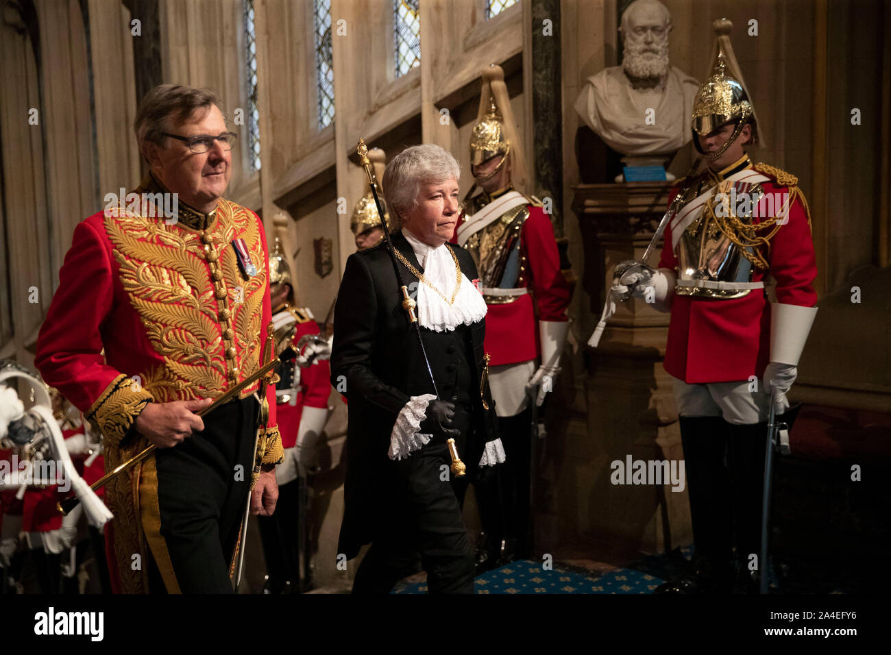 Lady Usher of the Black Rod Sarah Clarke arrives at the Norman Porch for the State Opening of Parliament in the House of Lords at the Palace of Westminster in London. Stock Photo