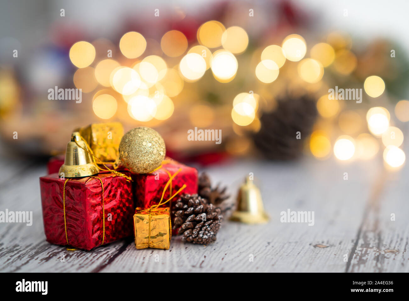 Preparing christmas gifts with ornaments for new year decoration. Stock Photo