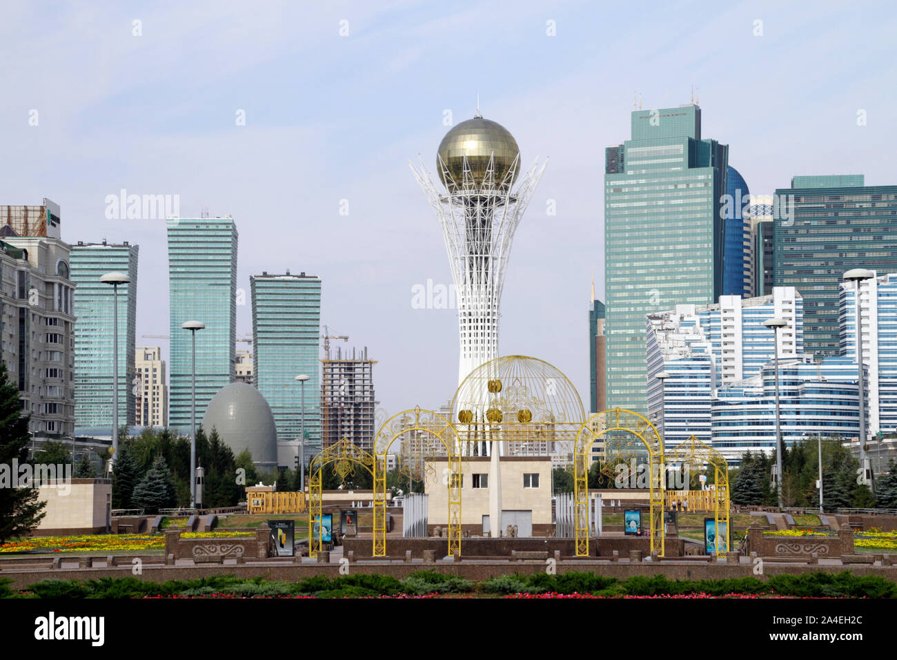 Nur-Sultan, Kazakhstan - August 25, 2019: The cityscpae of Nur-Sultan, Kazakhstan, on a sunny day with the famous Bayterek Tower in its center. Stock Photo