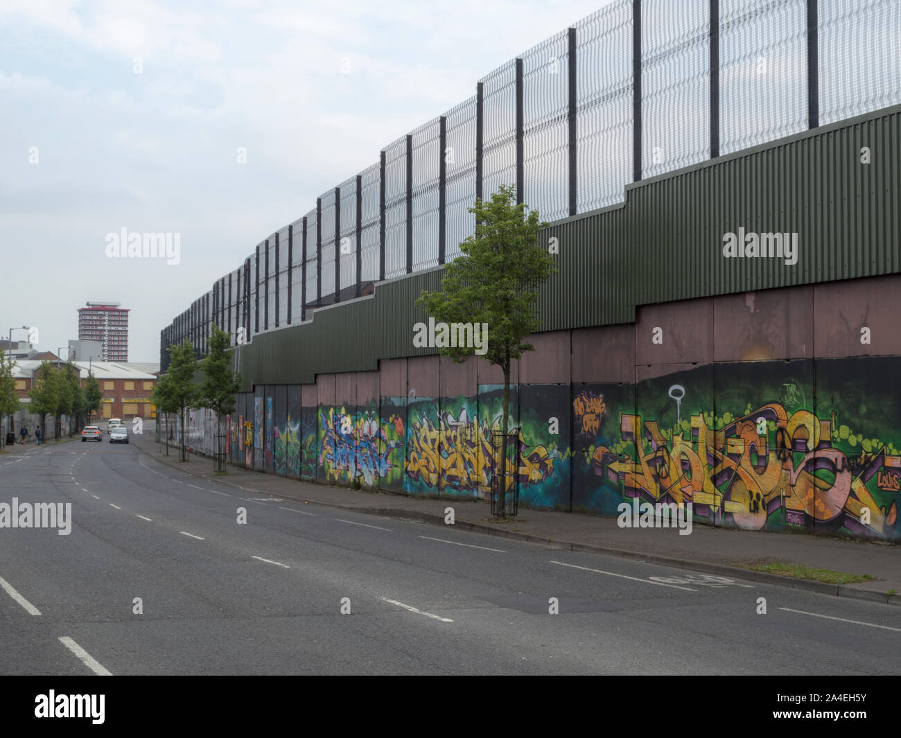 The peace line along Cupar Way in Belfast Stock Photo