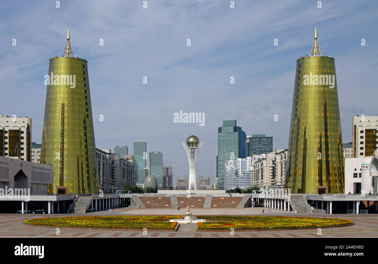 Nur-Sultan, Kazakhstan - August 25, 2019: The cityscpae of Nur-Sultan, Kazakhstan, on a sunny day with the famous Bayterek Tower in its center. Stock Photo