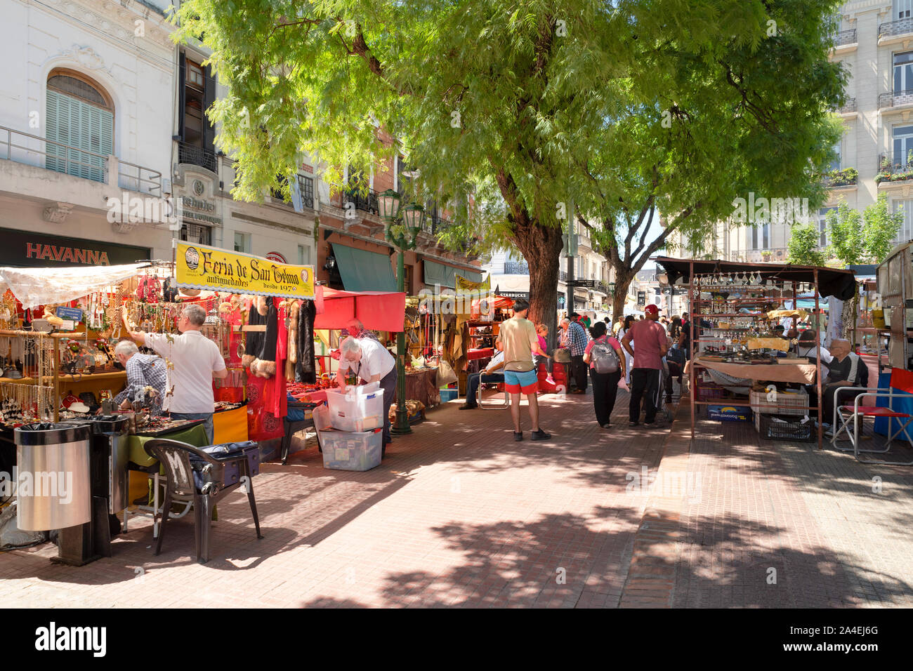 Some stalls setting up in San Telmo street market, Plaza Dorrego, San Telmo District, Buenos Aires, Argentina. Stock Photo
